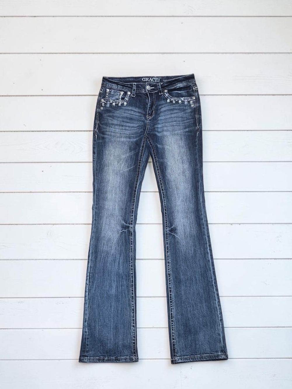 Grace Wide Leg Jeans in Distressed Dark Blue Wash